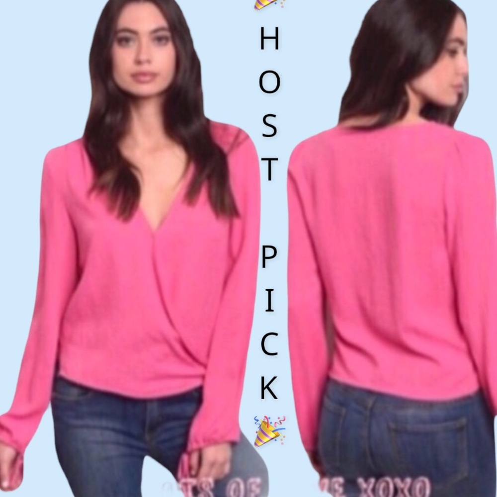 ❌DONATED❌Fuchsia Pink V-neck Surplice Long Sleeve Tie Wrists Top - Picture 1 of 11